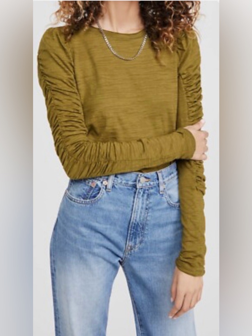 Free People - We The Free Natasha Olive Green Ruched Detail Long Sleeve Blouse S